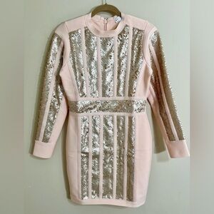 VENUS Long Sleeve Mini Bodycon Scuba Sequin Pink Gold Slimming Disco Size Medium